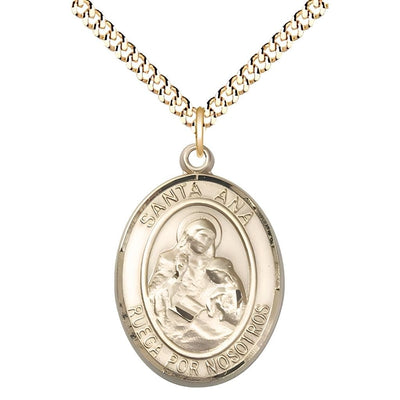 Spanish Santa Ana 14kt Gold-filled Oval Medal Pendant with Gold-plated Chain, Measures 1-inch tall by 3/4-inch wide. Deluxe Gift Box, Bliss Manufacturing