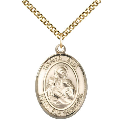 Spanish Santa Ana 14kt Gold-filled Oval Medal Pendant with Gold-filled Chain, Measures 1-inch tall by 3/4-inch wide. Deluxe Gift Box, Bliss Manufacturing