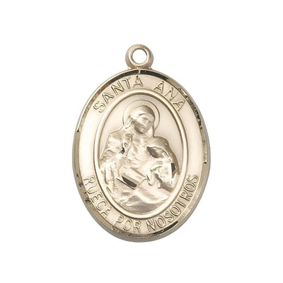 Spanish Santa Ana 14kt Gold Oval Medal Pendant, Measures 1-inch tall by 3/4-inch wide. Deluxe Gift Box, Bliss Manufacturing