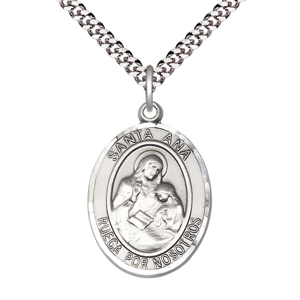 Bliss Spanish Santa Ana Sterling Silver Oval Medal Pendant with Rhodium-plated Chain, Measures 1-inch tall by 3/4-inch wide. Deluxe Gift Box.