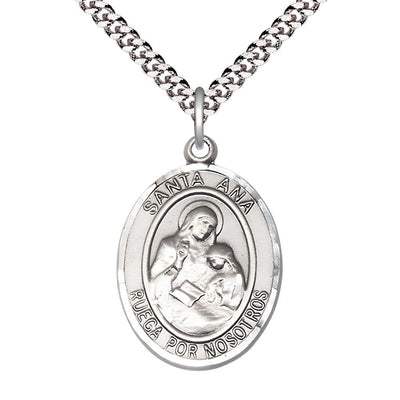 Spanish Santa Ana Sterling Silver Oval Medal Pendant with Rhodium-plated Chain, Measures 1-inch tall by 3/4-inch wide. Deluxe Gift Box, Bliss Manufacturing