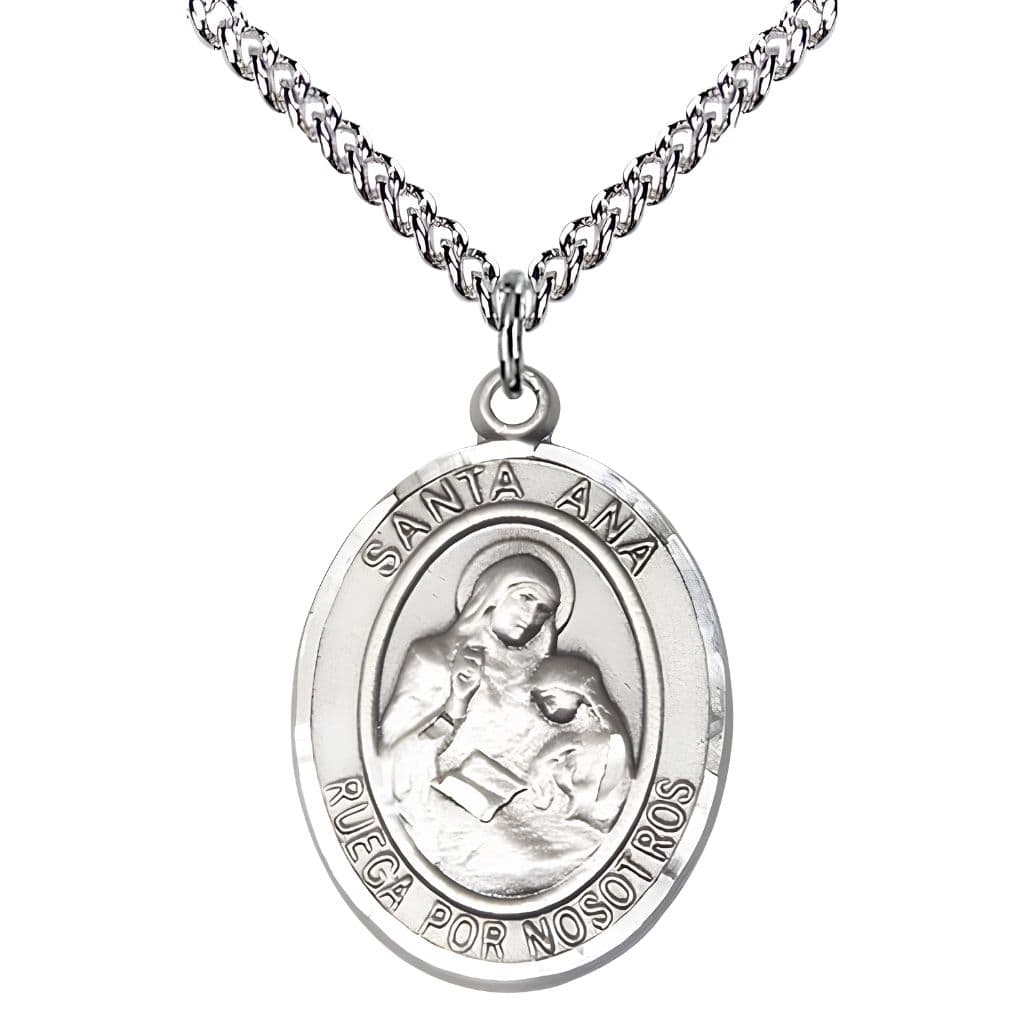 Bliss Spanish Santa Ana Sterling Silver Oval Medal Pendant with Rhodium-plated Chain, Measures 1-inch tall by 3/4-inch wide. Deluxe Gift Box.