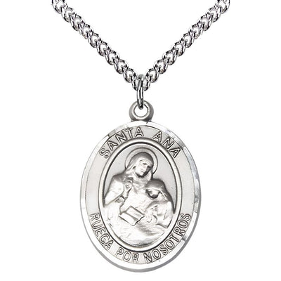 Spanish Santa Ana Sterling Silver Oval Medal Pendant with Rhodium-plated Chain, Measures 1-inch tall by 3/4-inch wide. Deluxe Gift Box shown in gift box, Bliss Manufacturing