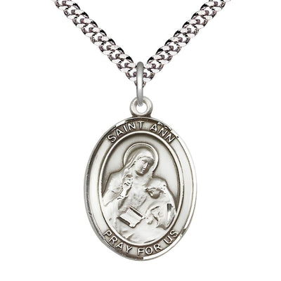 St. Ann Sterling Silver Oval Medal Pendant with Rhodium-plated Chain, Measures 1-inch tall by 3/4-inch wide. Deluxe Gift Box, Bliss Manufacturing