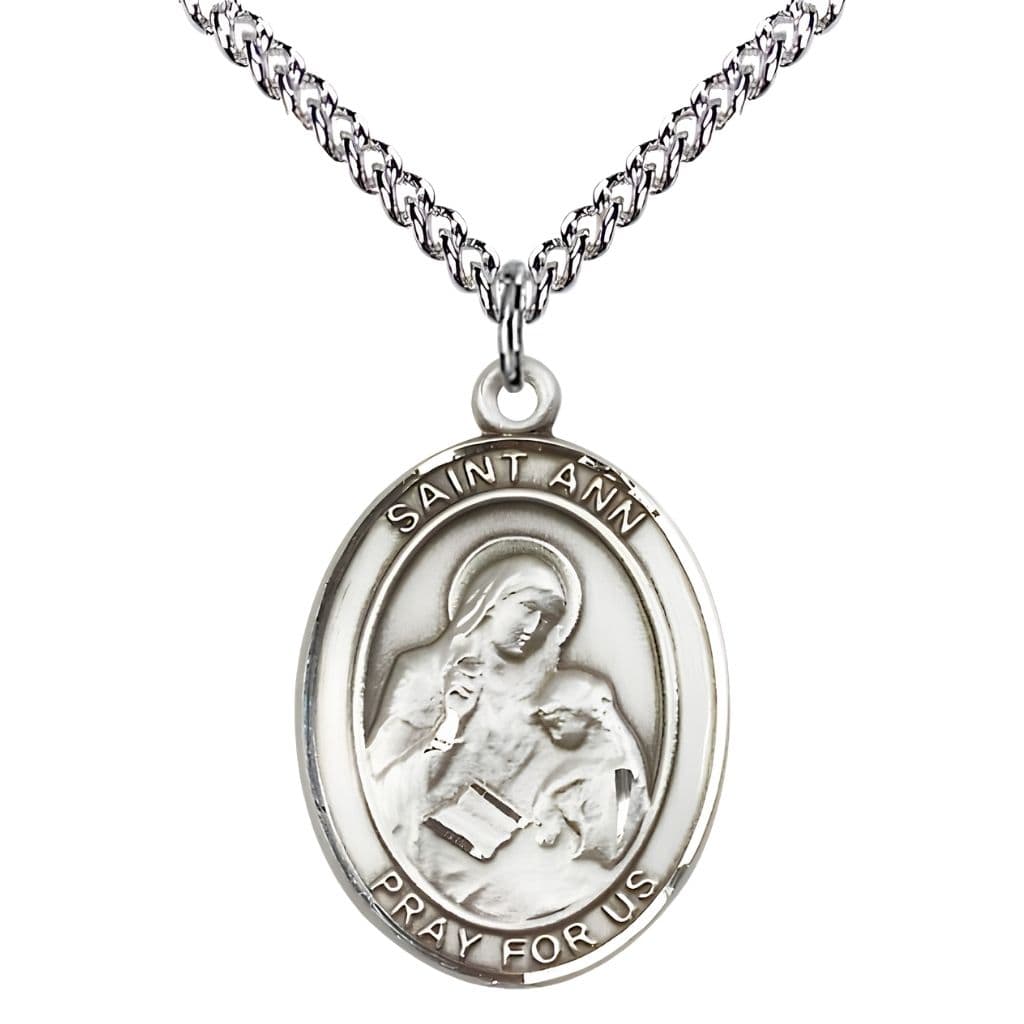 Bliss St. Ann Sterling Silver Oval Medal Pendant with Sterling Silver Chain, Measures 1-inch tall by 3/4-inch wide. Deluxe Gift Box.