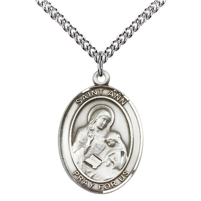 St. Ann Sterling Silver Oval Medal Pendant with Sterling Silver Chain, Measures 1-inch tall by 3/4-inch wide. Deluxe Gift Box, Bliss Manufacturing