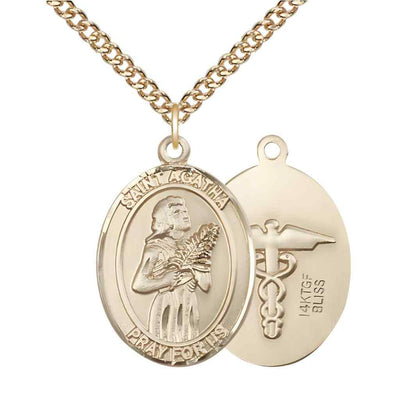 Large St. Agatha with Medical Symbol on Back 14kt Gold-filled Oval Medal Pendant with Gold-filled Chain, Deluxe Gift Box