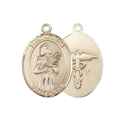 Large St. Agatha with Medical Symbol on Back 14kt Gold Oval Medal Pendant, Deluxe Gift Box