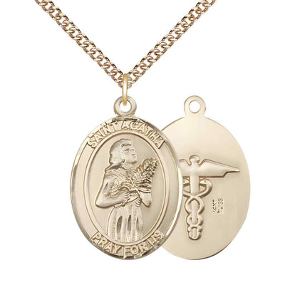 Large St. Agatha with Medical Symbol on Back 14kt Gold Oval Medal Pendant with 14kt Gold Chain, Deluxe Gift Box