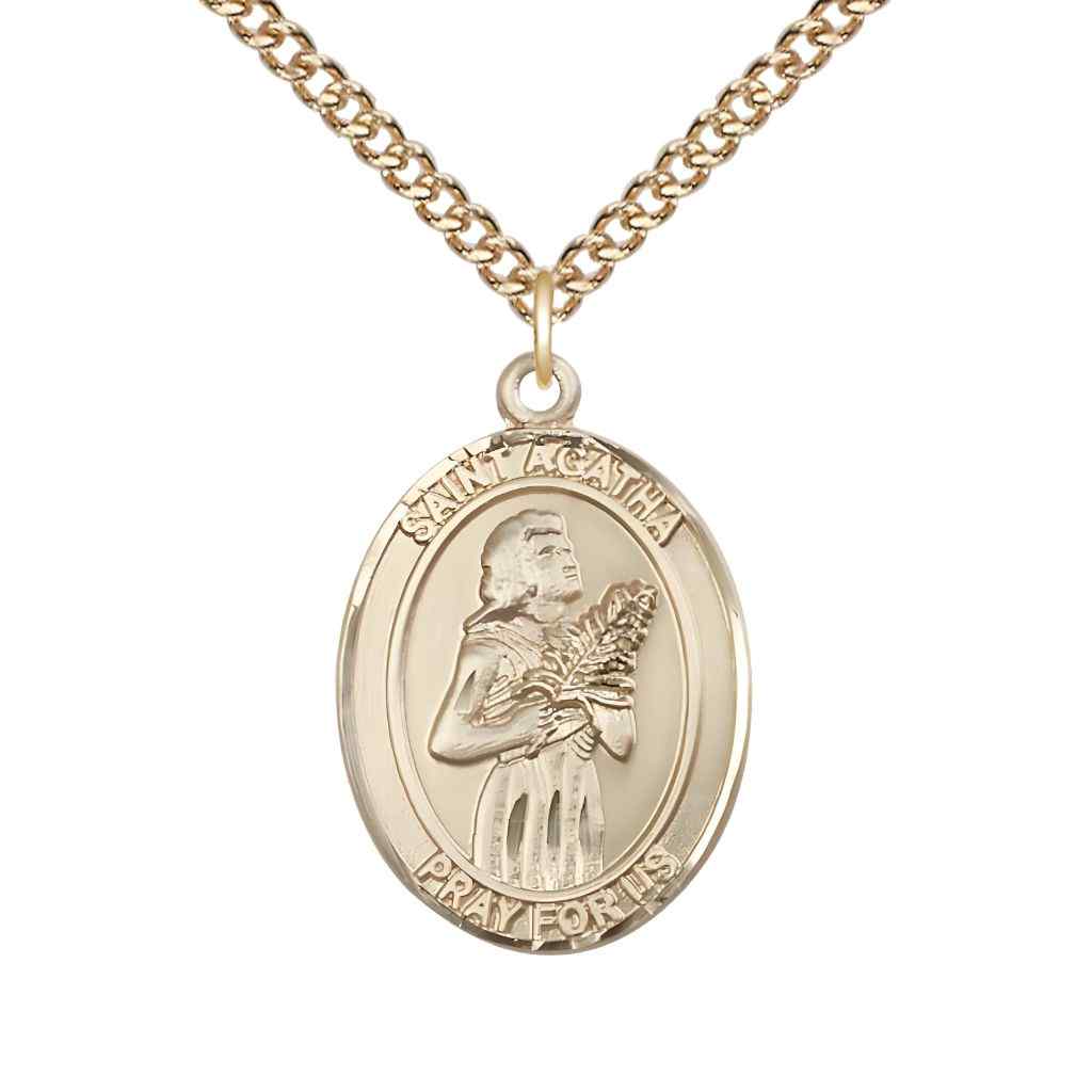 Large St. Agatha 14kt Gold Oval Medal Pendant with 14kt Gold Chain, Deluxe Gift Box
