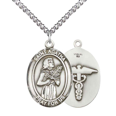 Large St. Agatha with Medical Symbol on Back Sterling Silver Oval Medal Pendant with Sterling Silver Chain, Deluxe Gift Box