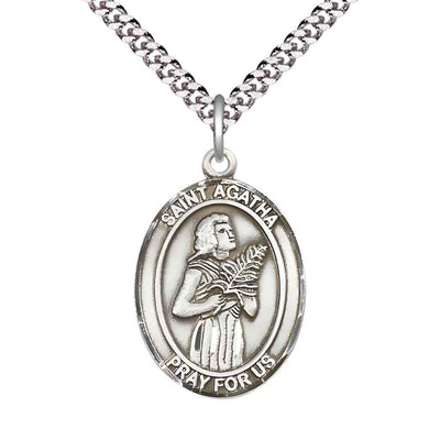 Large St. Agatha Sterling Silver Oval Medal Pendant with Rhodium-plated Chain, Deluxe Gift Box