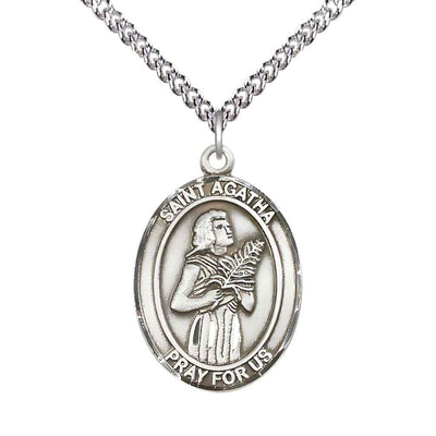 Large St. Agatha Sterling Silver Oval Medal Pendant with Sterling Silver Chain, Deluxe Gift Box