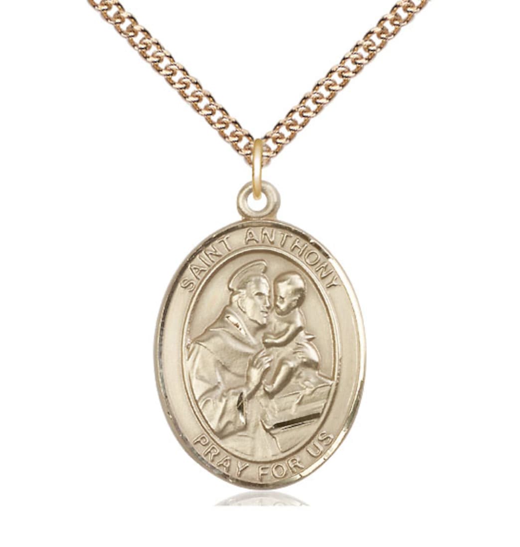 Bliss St Anthony of Padua 14kt Gold Oval Engravable Large Medal with 14kt Gold Chain,