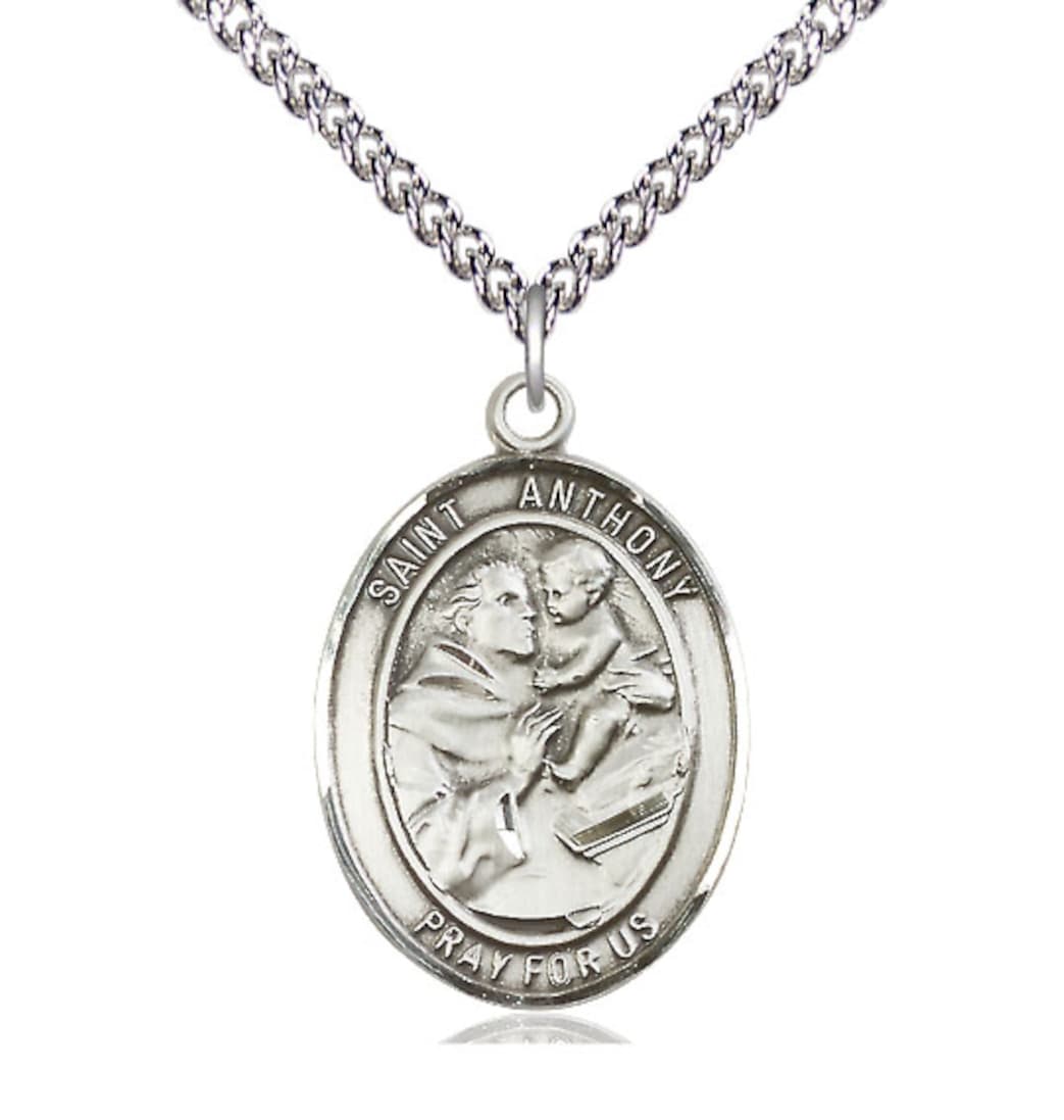 Bliss St Anthony of Padua Sterling Silver Oval Engravable Large Medal Necklace with Sterling Chain,