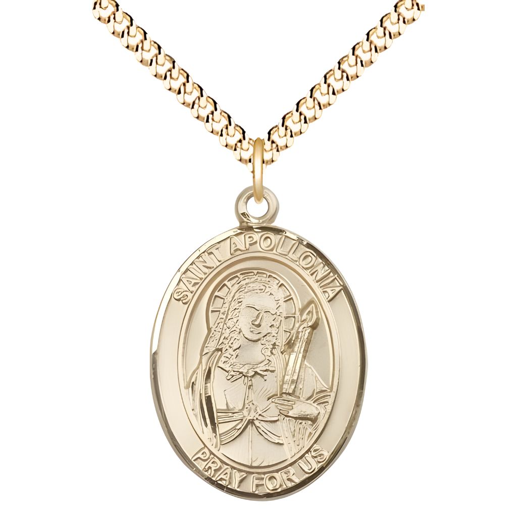 Bliss St. Apollonia of Alexandria 14kt Gold-filled Oval Medal Pendant with Gold-plated Chain, Measures 1-inch tall by 3/4-inch wide. Deluxe Gift Box.