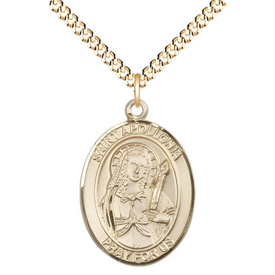 St. Apollonia of Alexandria 14kt Gold-filled Oval Medal Pendant with Gold-plated Chain, Measures 1-inch tall by 3/4-inch wide. Deluxe Gift Box, Bliss Manufacturing