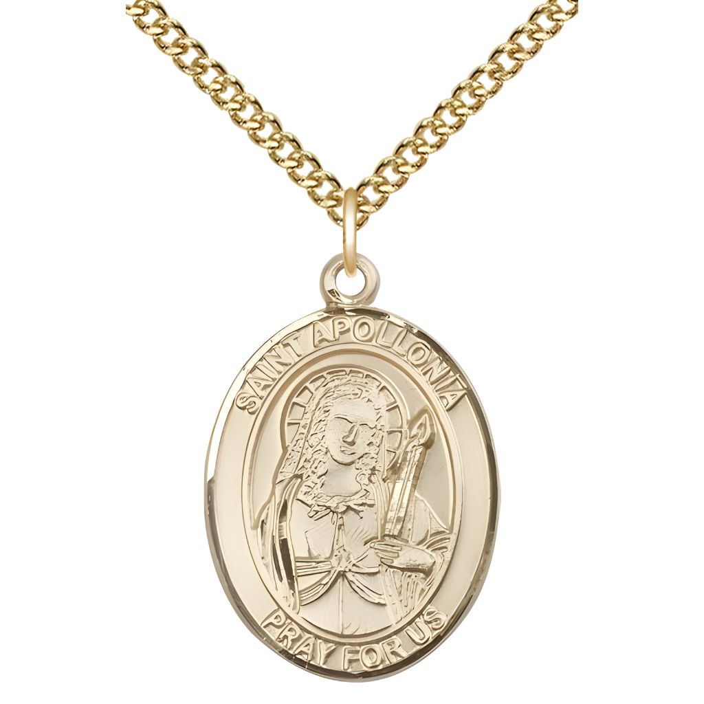 Bliss St. Apollonia of Alexandria 14kt Gold Oval Medal Pendant with 14kt Gold Chain, Measures 1-inch tall by 3/4-inch wide. Deluxe Gift Box.