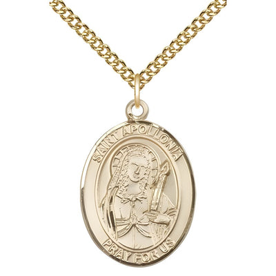 St. Apollonia of Alexandria 14kt Gold Oval Medal Pendant with 14kt Gold Chain, Measures 1-inch tall by 3/4-inch wide. Deluxe Gift Box, Bliss Manufacturing