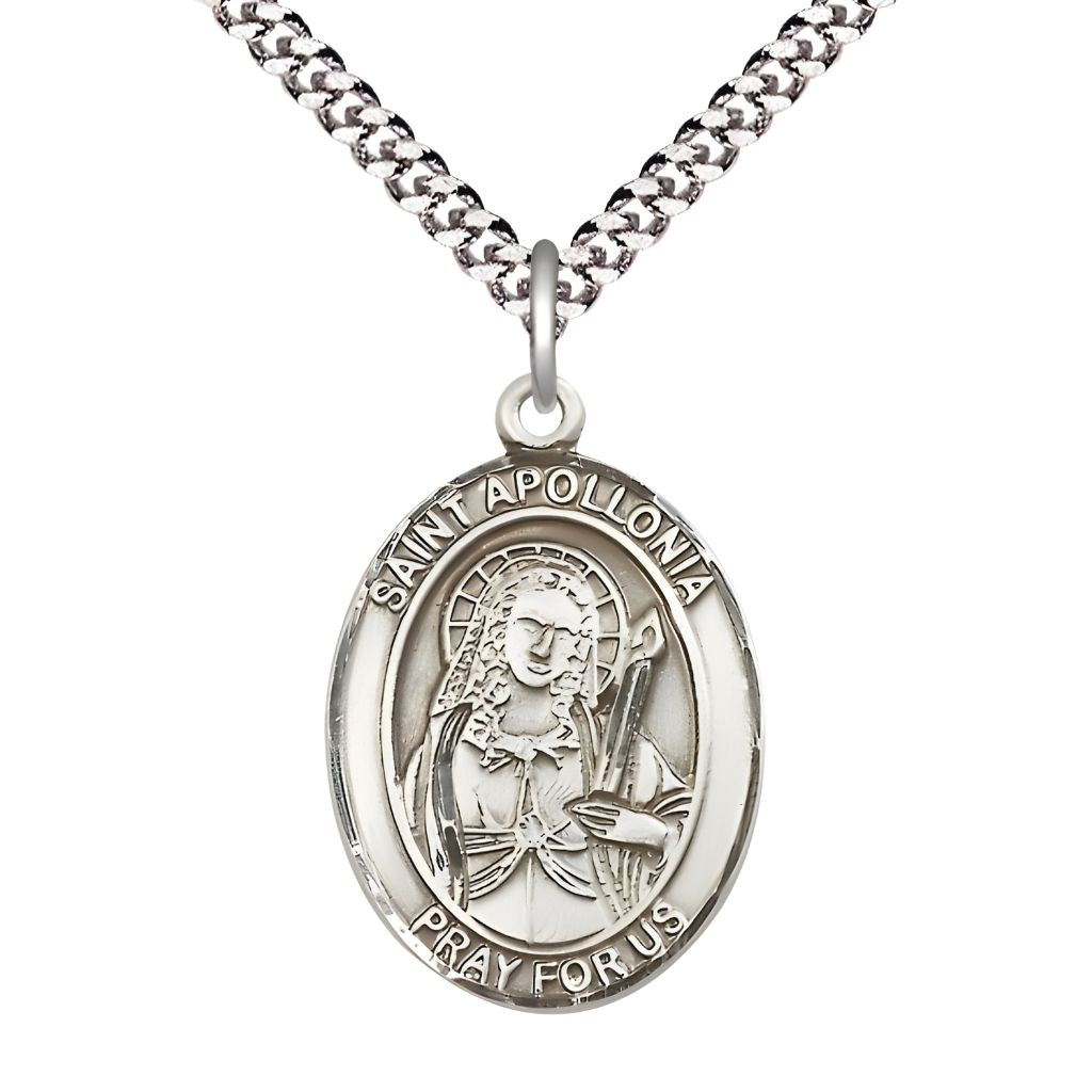 Bliss St. Apollonia of Alexandria Sterling Silver Oval Medal Pendant with Rhodium-plated Chain, Measures 1-inch tall by 3/4-inch wide. Deluxe Gift Box.