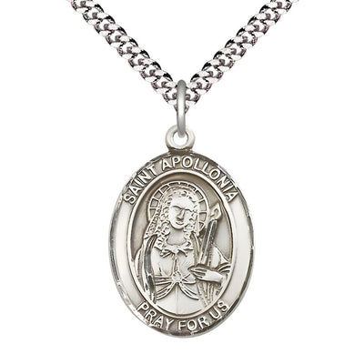 St. Apollonia of Alexandria Sterling Silver Oval Medal Pendant with Rhodium-plated Chain, Measures 1-inch tall by 3/4-inch wide. Deluxe Gift Box, Bliss Manufacturing
