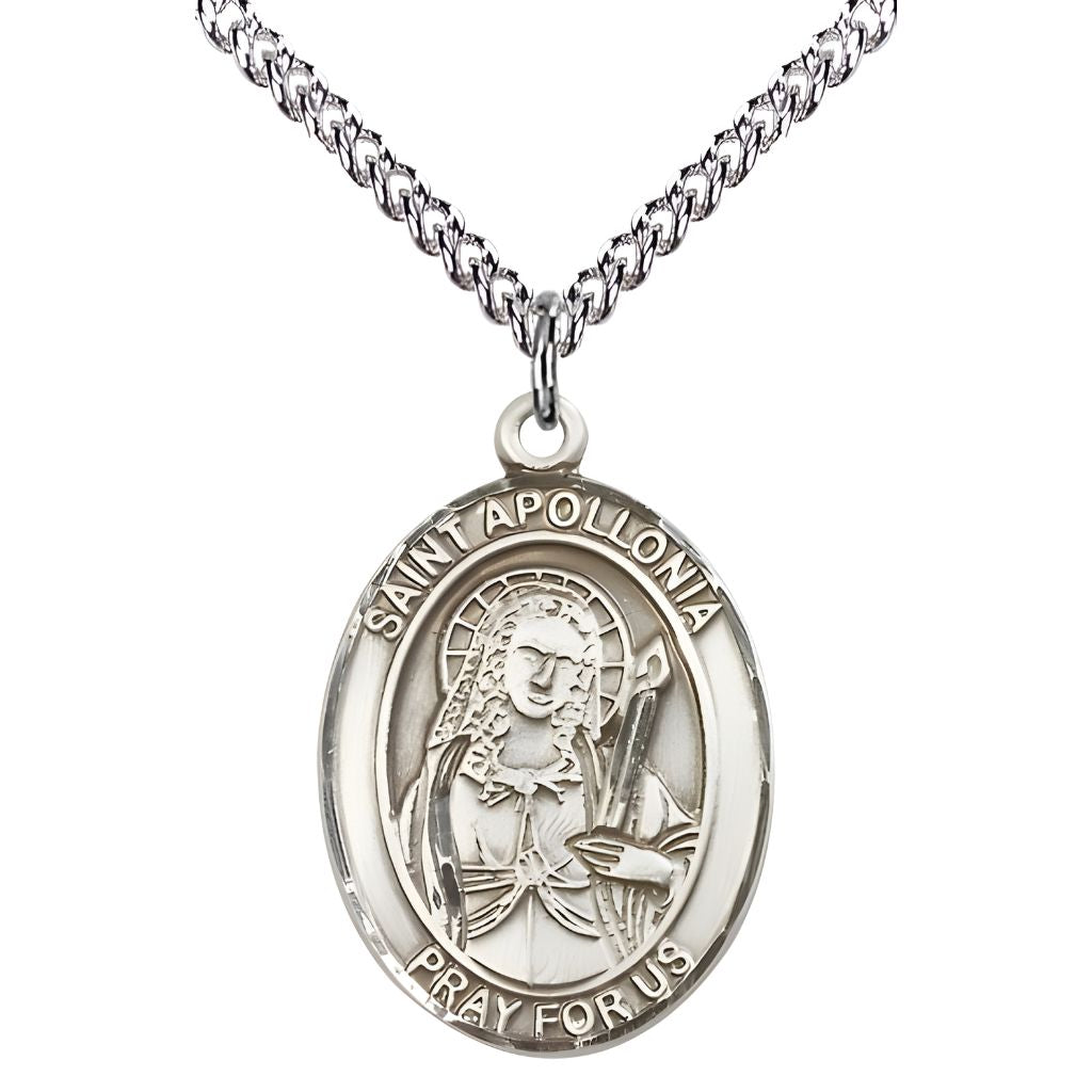 Bliss St. Apollonia of Alexandria Sterling Silver Oval Medal Pendant with Sterling Silver Chain, Measures 1-inch tall by 3/4-inch wide. Deluxe Gift Box.