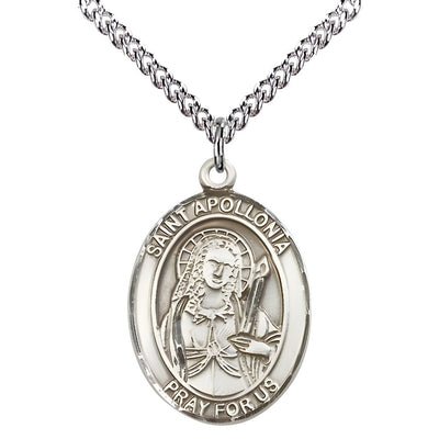 St. Apollonia of Alexandria Sterling Silver Oval Medal Pendant with Sterling Silver Chain, Measures 1-inch tall by 3/4-inch wide. Deluxe Gift Box, Bliss Manufacturing