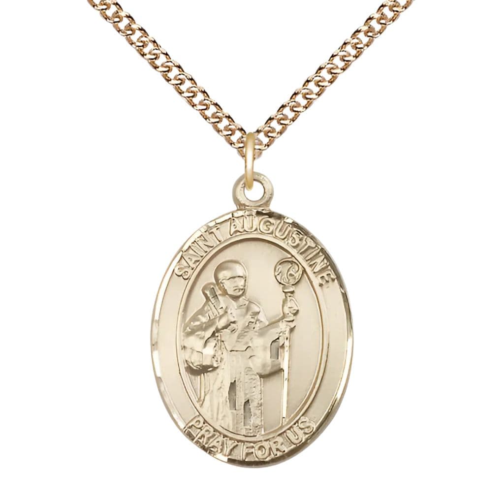 St. Augustine of Canterbury 14kt Gold Oval Medal with 14kt Gold Chain, 1-inch, Made in USA,