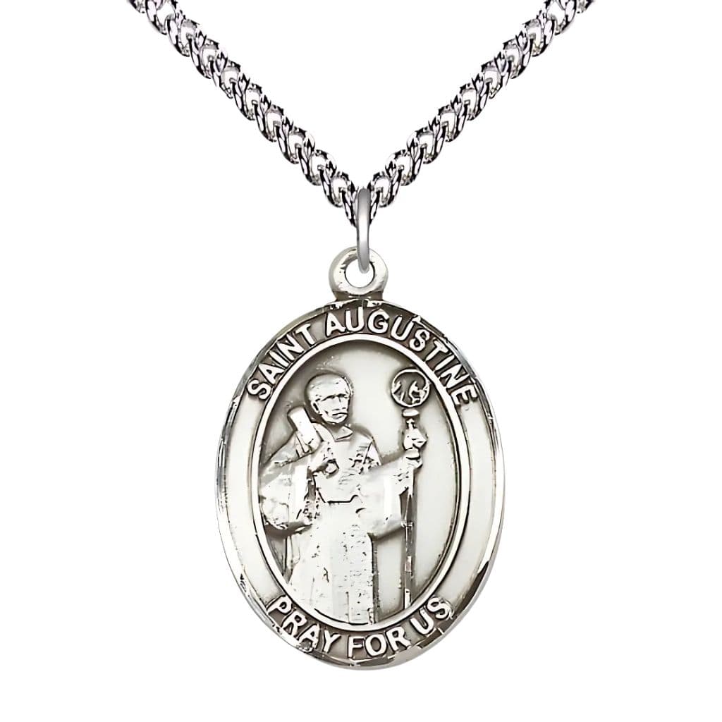 Bliss St. Augustine of Canterbury Sterling Silver Oval Engravable Medal Necklace with Sterling Silver Chain, 1-inch,