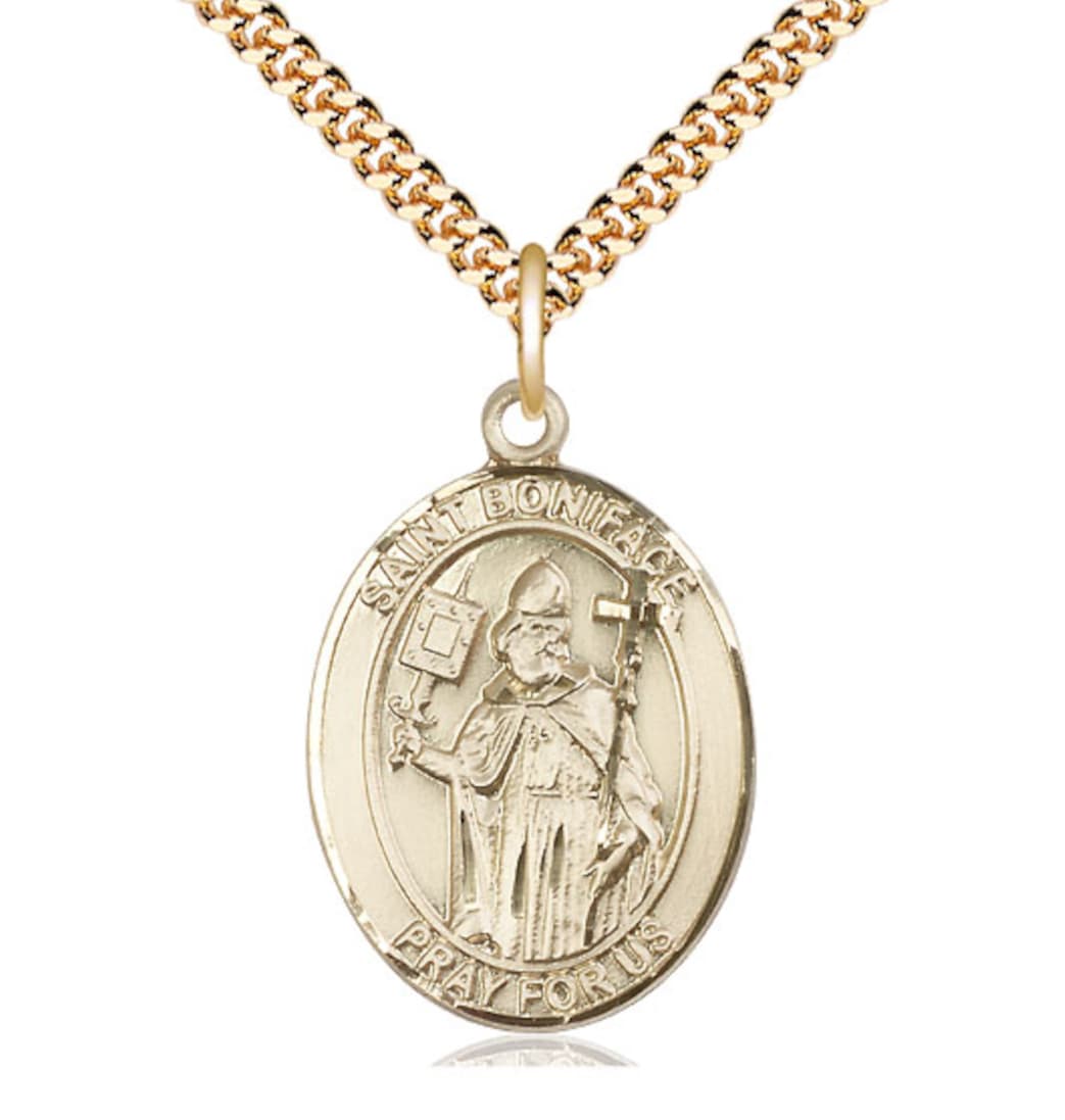 Large Bliss St Boniface Gold-filled Oval Engravable Saint Medal Necklace wit Plated Chain,