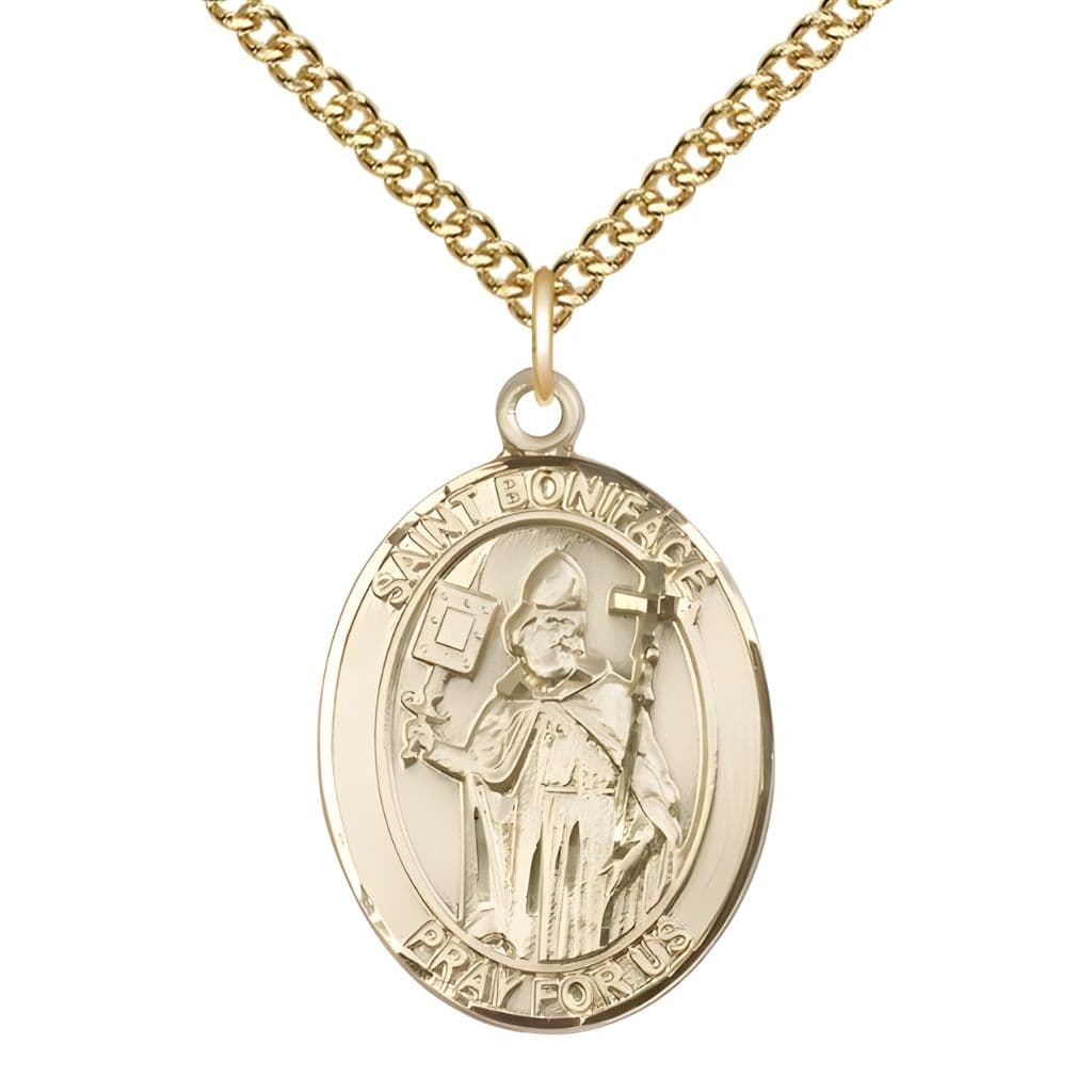 Bliss St Boniface Large 14kt Gold Engravable Oval Saint Medal Pendant with 14kt Chain,