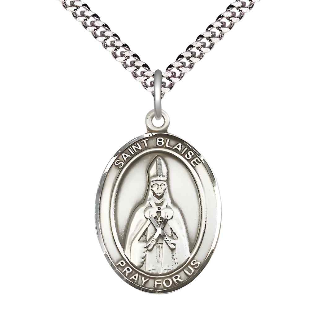 Large Saint Blaise Pewter Oval Medal Pendant with 24" Rhodium-plated Curb Chain in Deluxe Gift Box | Bliss Manufacturing