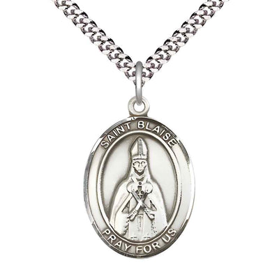 Large Saint Blaise Pewter Oval Medal Pendant with 24" Rhodium-plated Curb Chain in Deluxe Gift Box | Bliss Manufacturing