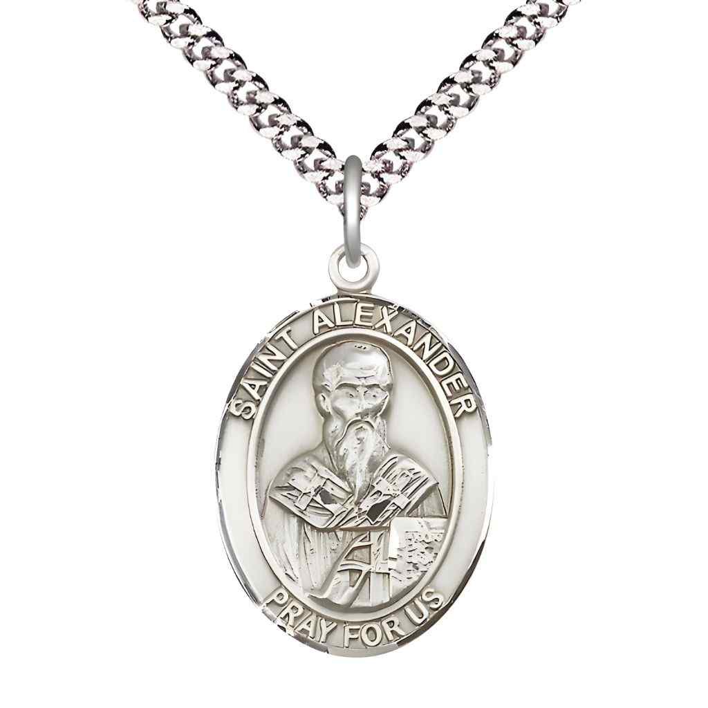 Large Saint Alexander Constantinople Pewter Oval Medal Pendant with 24" Rhodium-plated Curb Chain with Deluxe Gift Box | Bliss Manufacturing