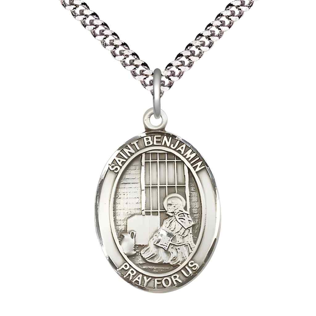 Large Saint Benjamin Pewter Oval Medal Pendant with 24" Rhodium-plated Curb Chain in Deluxe Gift Box | Bliss Manufacturing