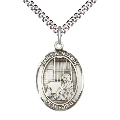 Large Saint Benjamin Pewter Oval Medal Pendant with 24" Rhodium-plated Curb Chain in Deluxe Gift Box | Bliss Manufacturing
