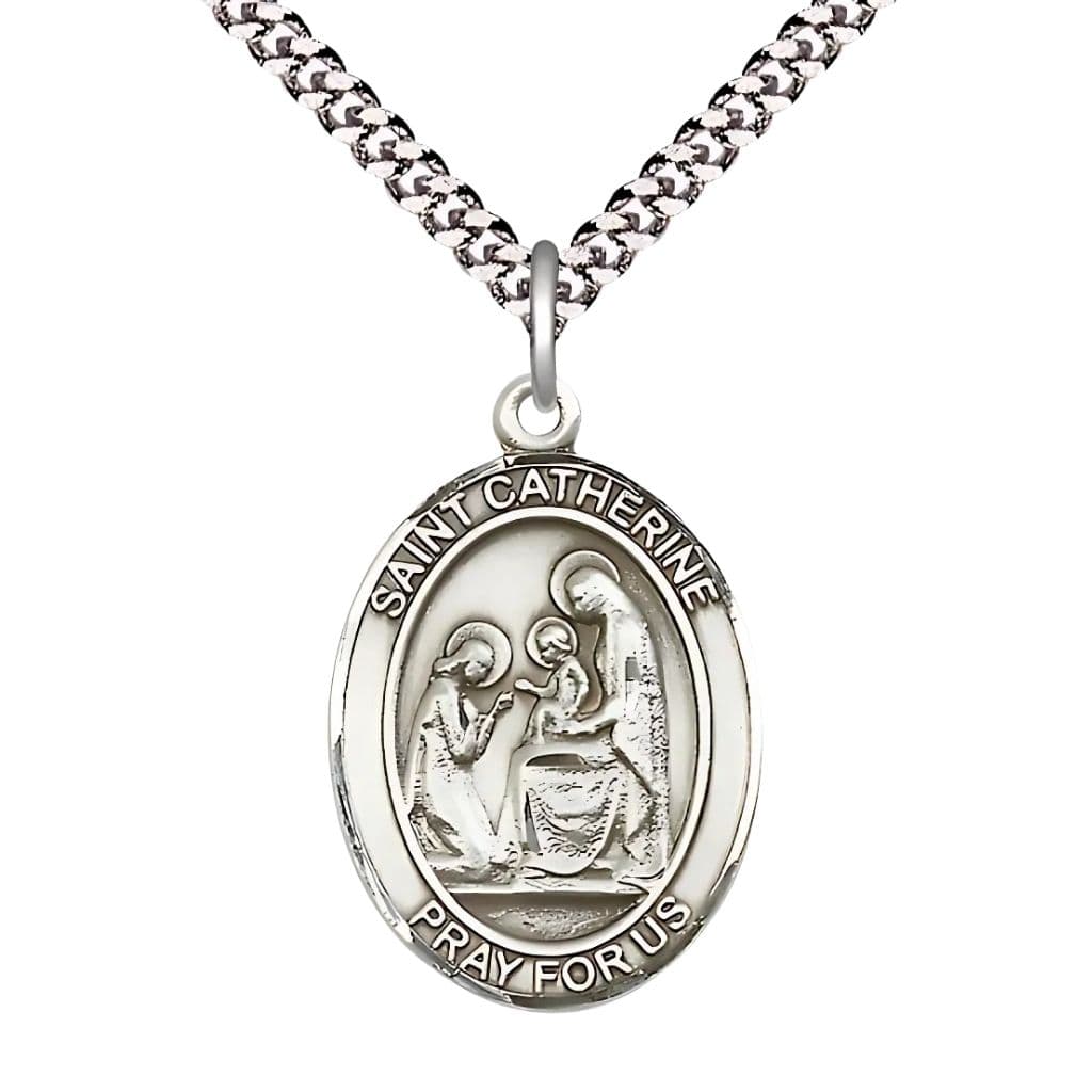 Bliss St. Catherine of Siena Pewter Oval Medal Pendant with Rhodium-plated Chain, Measures 1-inch tall by 3/4-inch wide.