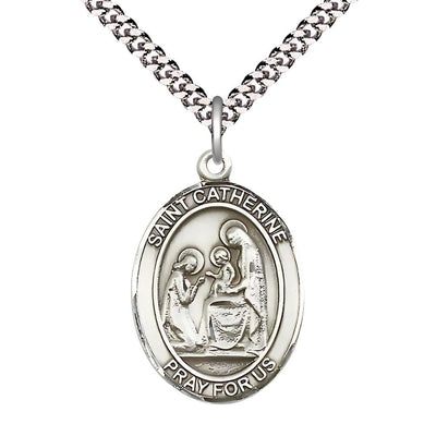 St. Catherine of Siena Pewter Oval Medal Pendant with Rhodium-plated Chain, Measures 1-inch tall by 3/4-inch wide, Bliss Manufacturing