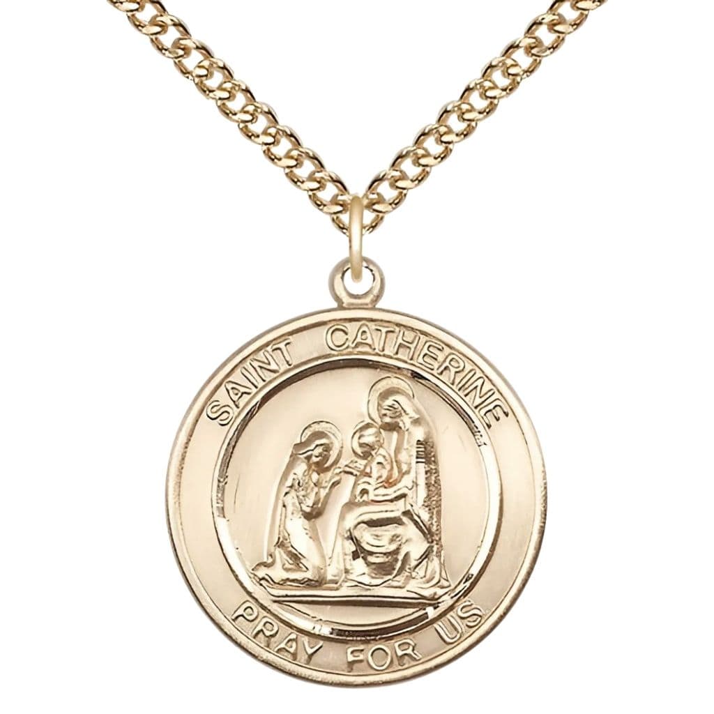 Bliss St. Catherine of Siena 14kt Gold Round Medal Pendant with 14kt Gold Chain, Measures 1-inch tall by 7/8-inch wide.