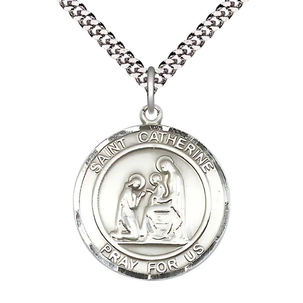 Bliss St. Catherine of Siena Pewter Round Medal Pendant with Rhodium-plated Chain, Measures 1-inch tall by 7/8-inch wide.