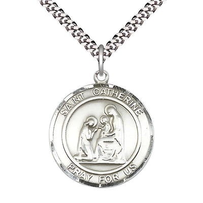 St. Catherine of Siena Sterling Silver Round Medal Pendant with Rhodium-plated Chain, Measures 1-inch tall by 7/8-inch wide, Bliss Manufacturing