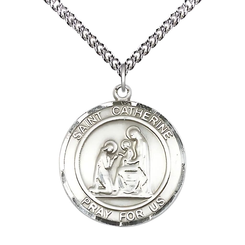 Bliss St. Catherine of Siena Sterling Silver Round Medal Pendant with Sterling Silver Chain, Measures 1-inch tall by 7/8-inch wide.