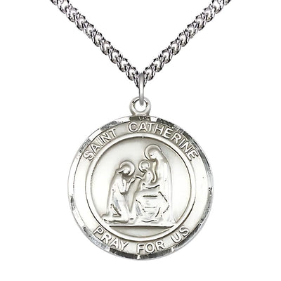 St. Catherine of Siena Sterling Silver Round Medal Pendant with Sterling Silver Chain, Measures 1-inch tall by 7/8-inch wide, Bliss Manufacturing