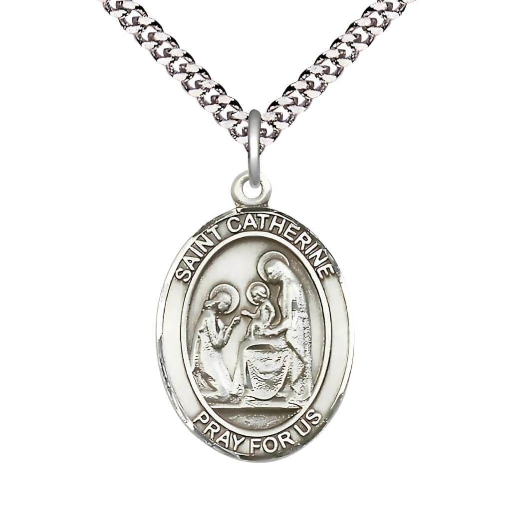 Bliss St. Catherine of Siena Sterling Silver Oval Medal Pendant with Rhodium-plated Chain, Measures 1-inch tall by 3/4-inch wide.