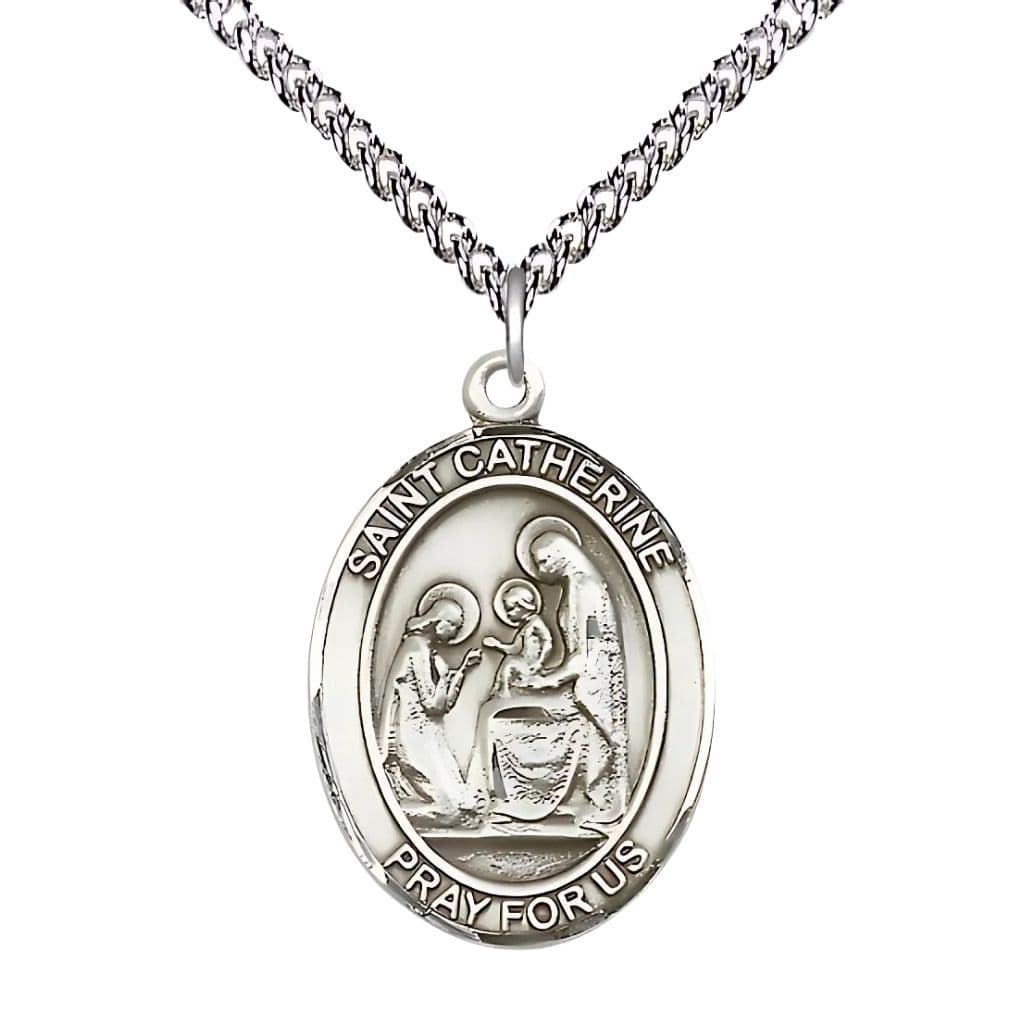 Bliss St. Catherine of Siena Sterling Silver Oval Medal Pendant with Sterling Silver Chain, Measures 1-inch tall by 3/4-inch wide.