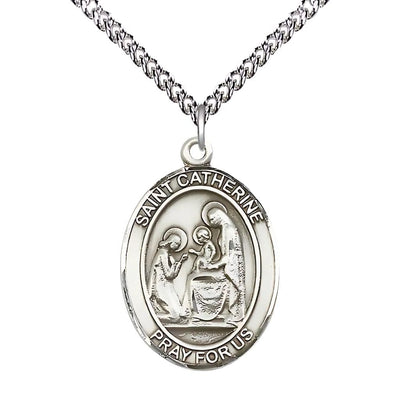 St. Catherine of Siena Sterling Silver Oval Medal Pendant with Sterling Silver Chain, Measures 1-inch tall by 3/4-inch wide, Bliss Manufacturing