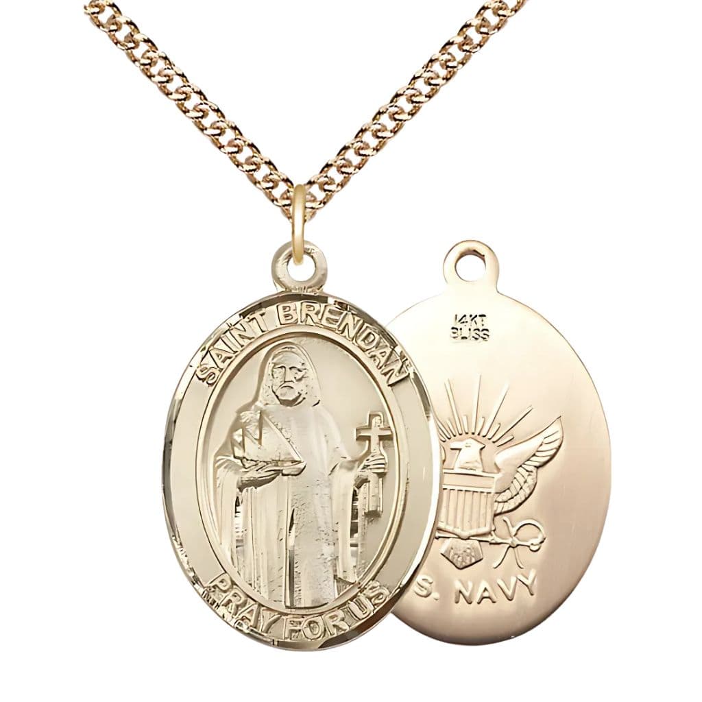 St. Brendan 14kt Gold Oval Medal with 14kt Gold Chain, 1-inch, Made in USA by Bliss,