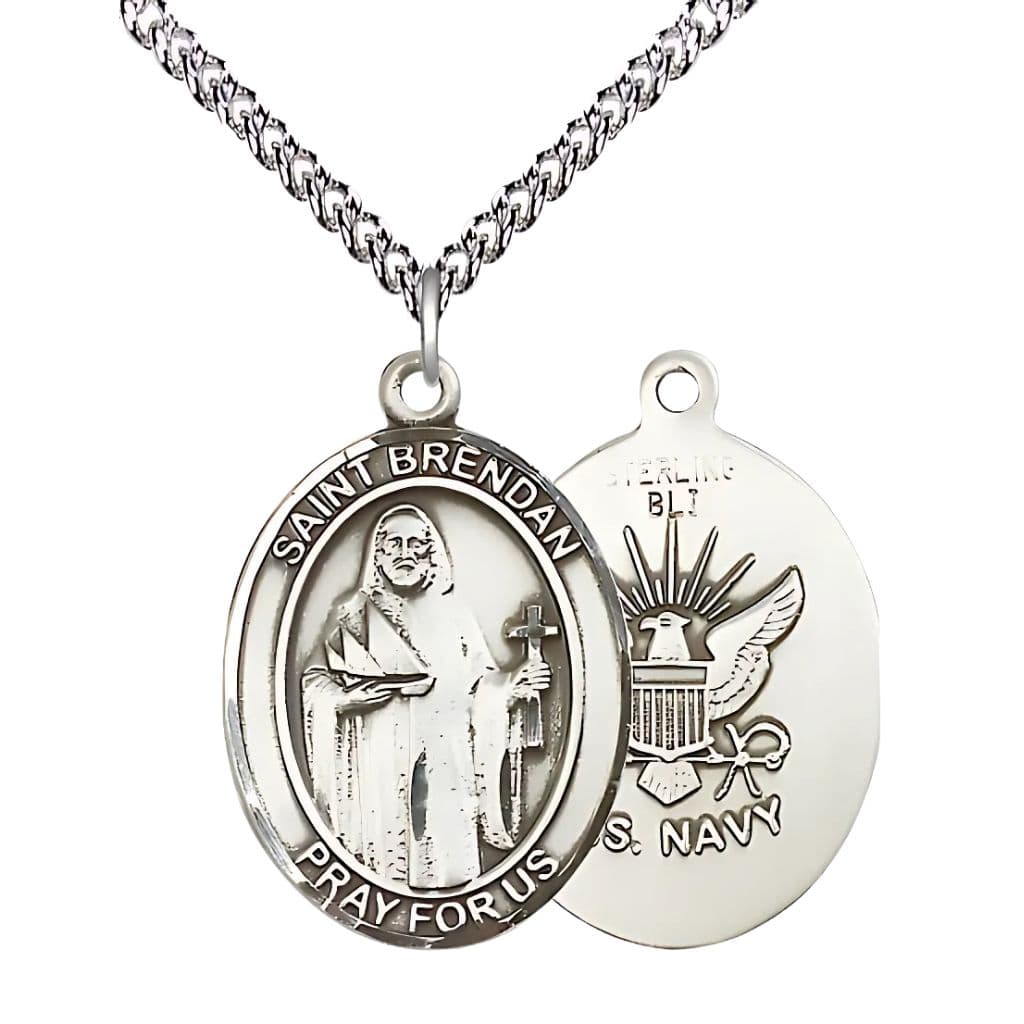 Bliss Navy St. Brendan Sterling Silver Oval Medal Necklace with Sterling Silver Chain, 1-inch,