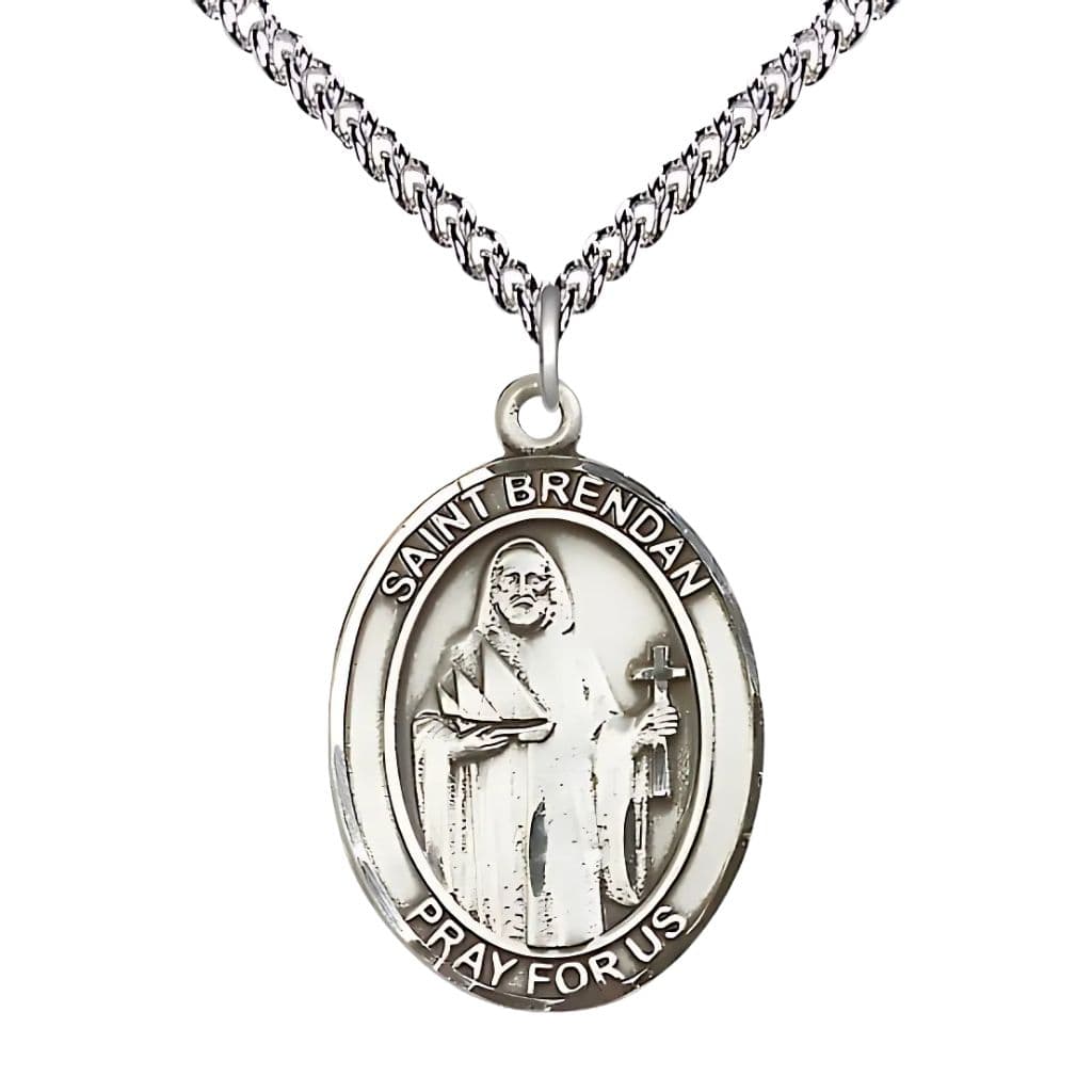 St. Brendan Sterling Silver Oval Engravable Medal Necklace with Sterling Silver Chain, 1-inch,