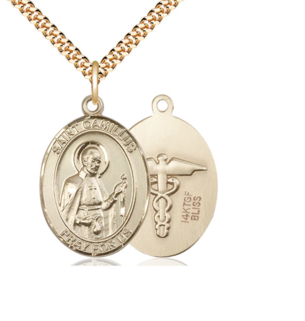 Bliss Large St Camillus of Lellis with Nurse Symbol Gold-filled Medal with Plated Chain,